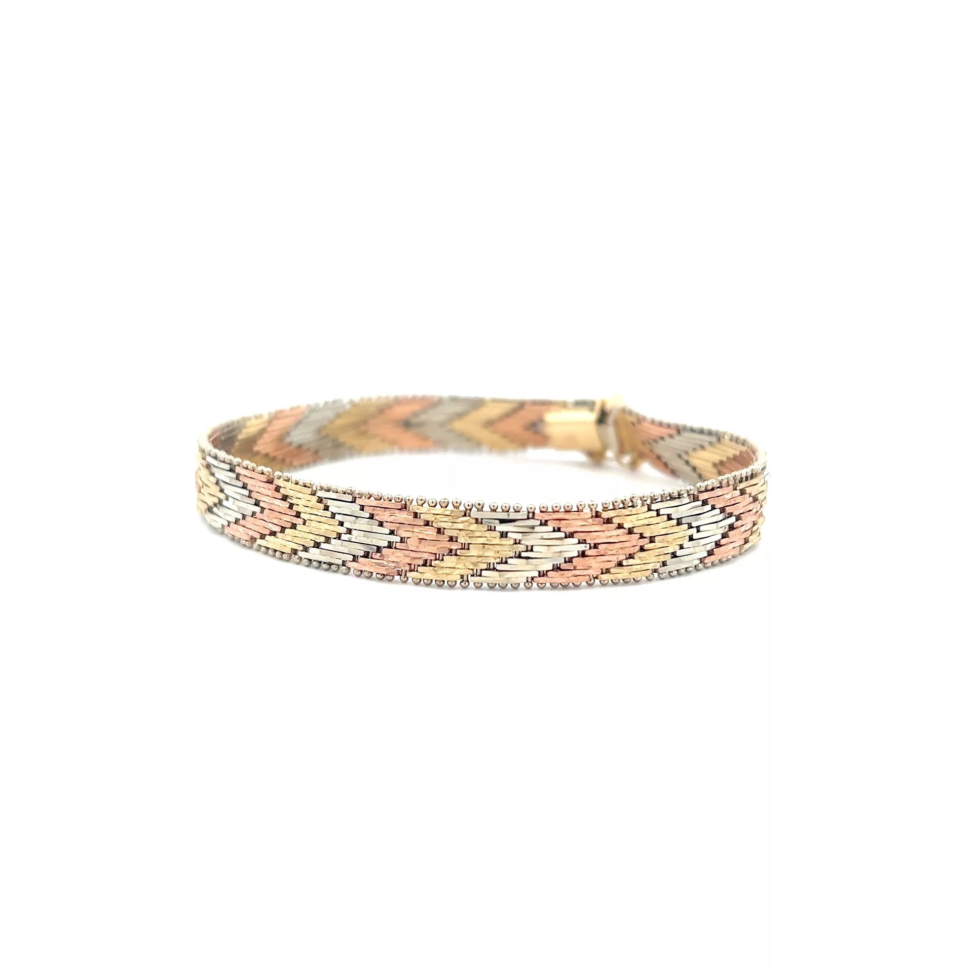 Vintage 14 Karat Tri-Color Gold Flat Chaveron Bracelet (7")