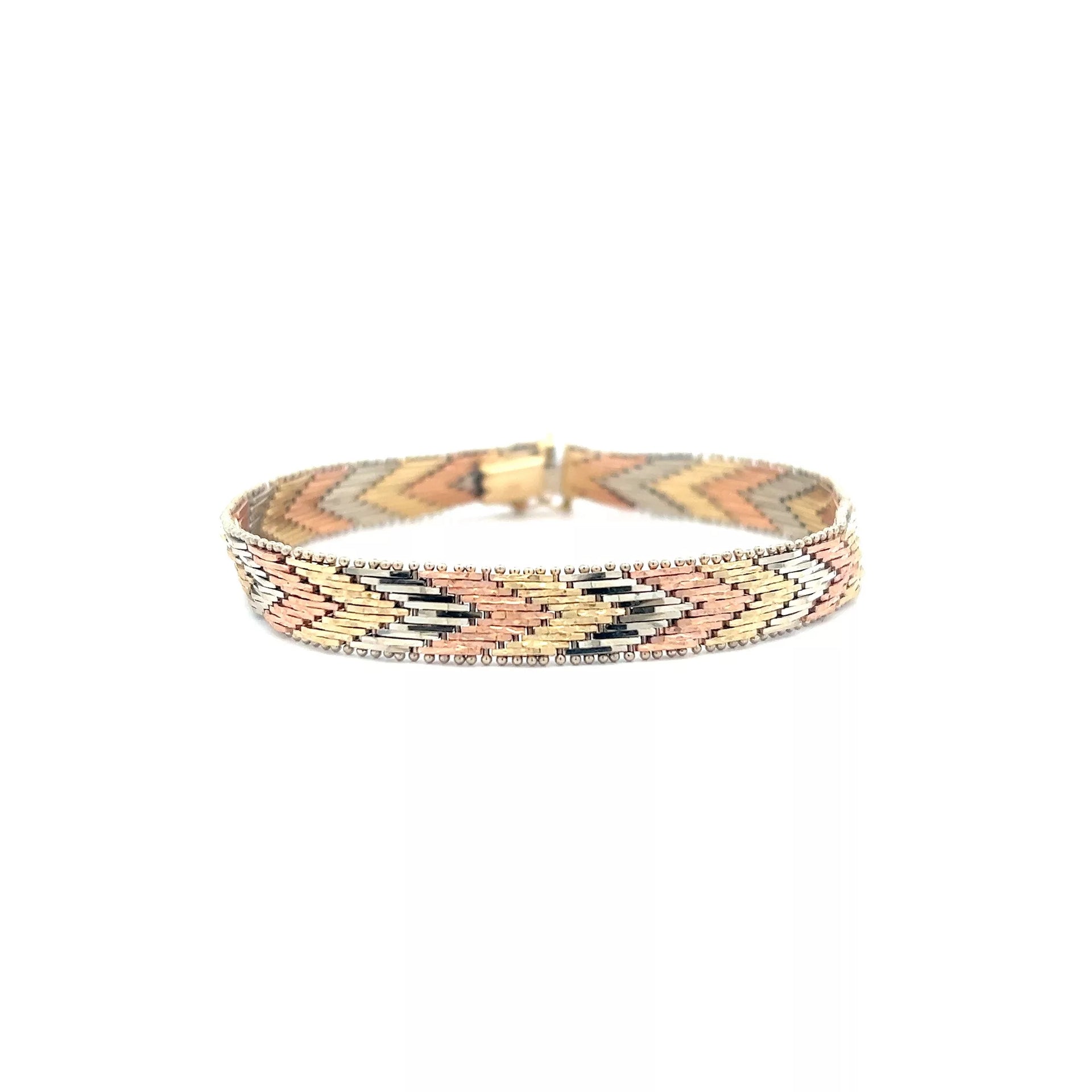 Vintage 14 Karat Tri-Color Gold Flat Chaveron Bracelet (7")